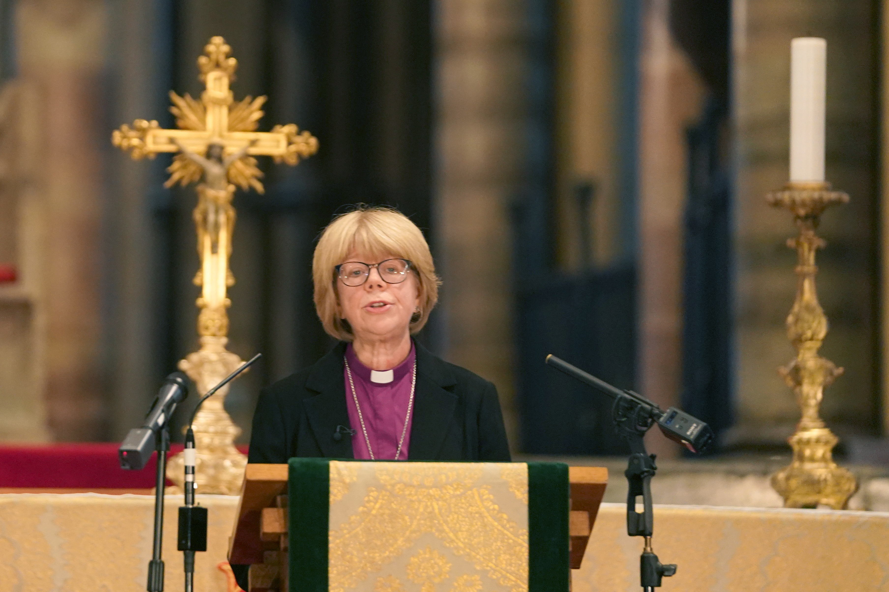 Sarah Mullally, the new Archbishop of Canterbury, spiritual leader of the world's 85 million Anglicans, speaks inside Canterbury Cathedral in Canterbury, England, Friday, Oct. 3, 2025. (AP)